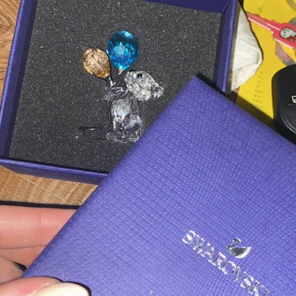 Swarovski Crystal Bear with Blue and Gold Balloons